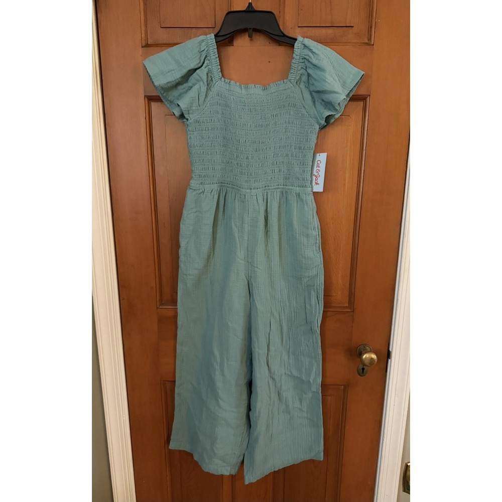 Girls' Cat & Jack Ocean Green Flutter Sleeve Smocked Jumpsuit Size Large NWT
